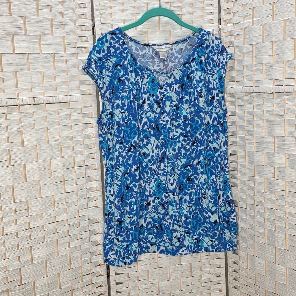 Christopher & Banks Blouse Size Large Blue Abstract Floral Sleeveless with keyho